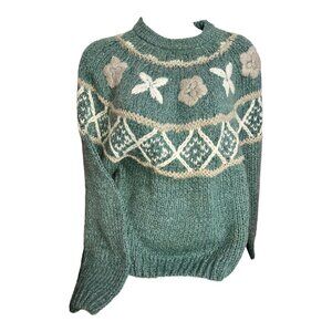 Shenanigans Hand Knit Womens S Cabincore Granny‎ Ramie Blend Green Sweater READ